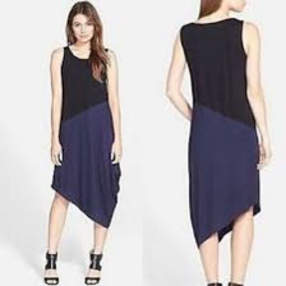 Eileen Fisher Asymmetrical Hem Midi Dress Black Blue Size XS - Picture 1 of 8